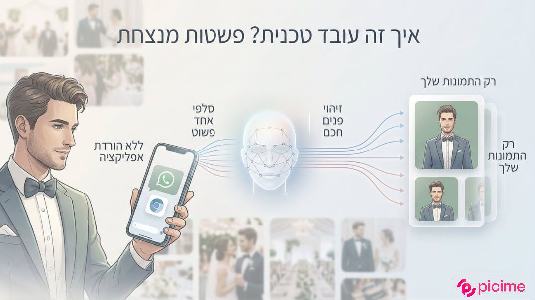 תהליך השימוש ב-PiciMe: סלפי קצר, זיהוי פנים אוטומטי ואלבום אישי שנשלח ישירות לוואטסאפ.