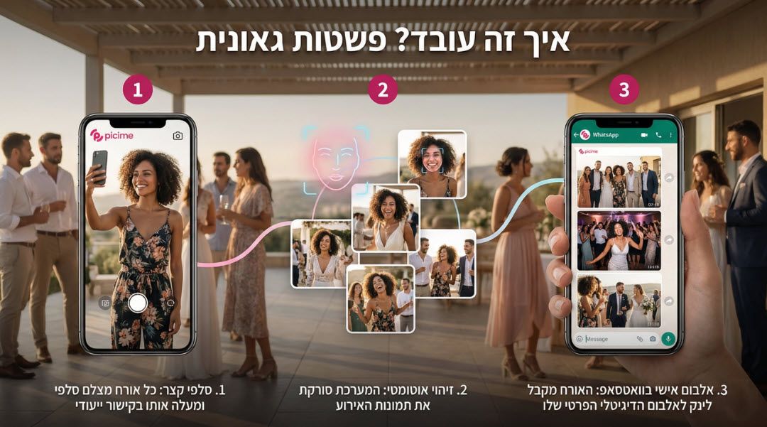 תהליך השימוש ב-PiciMe: סלפי קצר, זיהוי פנים אוטומטי ואלבום אישי שנשלח ישירות לוואטסאפ.
