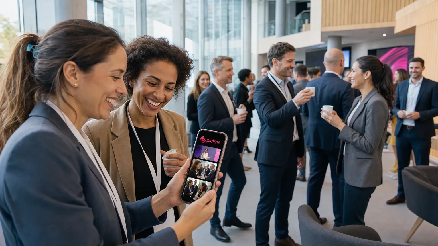 Conference attendees networking while one checks her personal PiciMe photo gallery