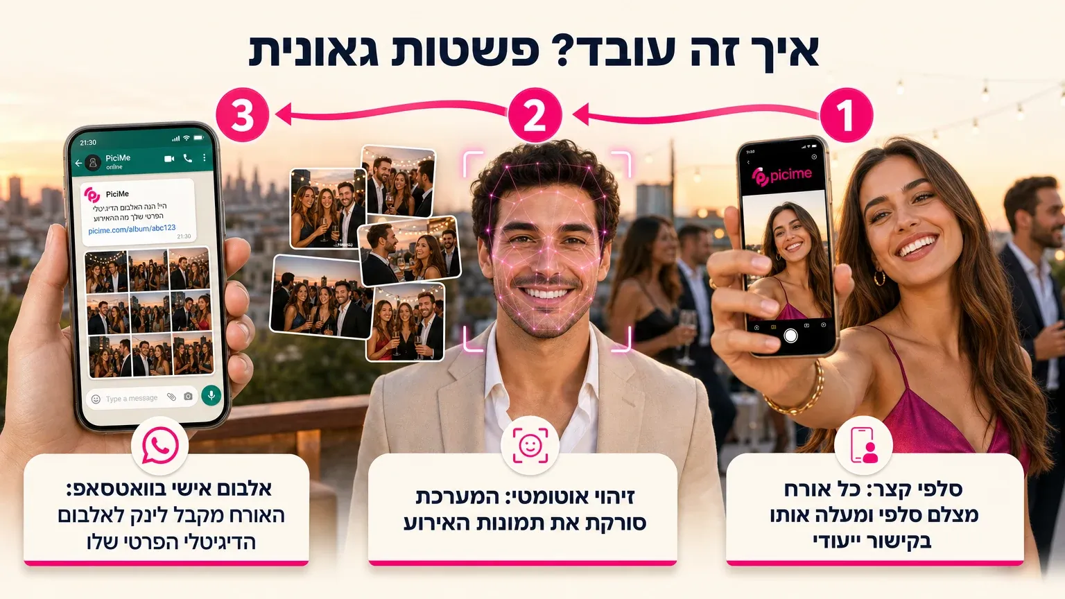 תהליך השימוש ב-PiciMe: סלפי קצר, זיהוי פנים אוטומטי ואלבום אישי שנשלח ישירות לוואטסאפ