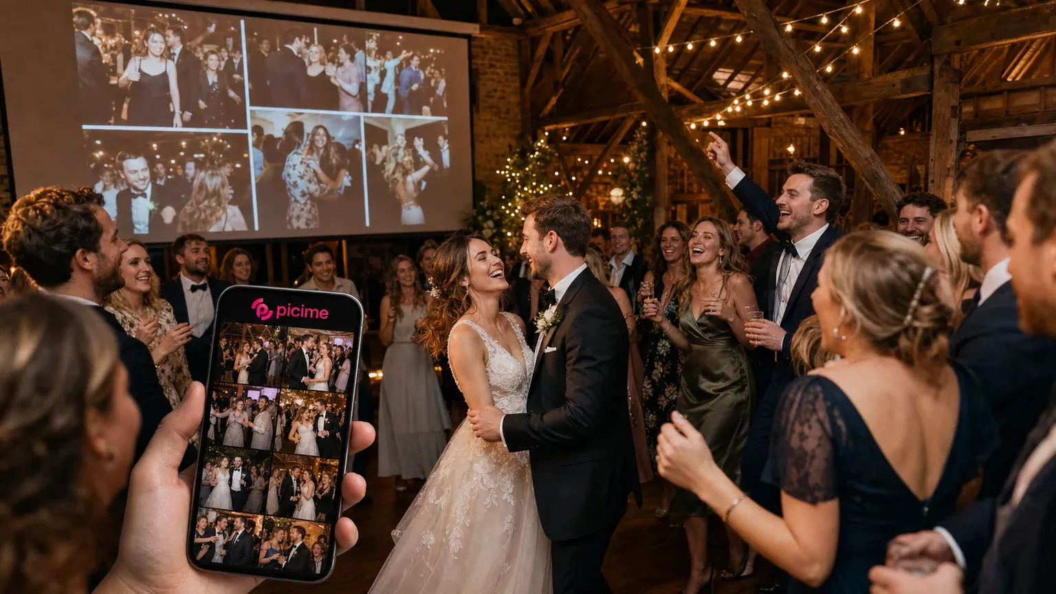 Couple dancing at a barn wedding reception while a guest holds a phone showing the PiciMe gallery